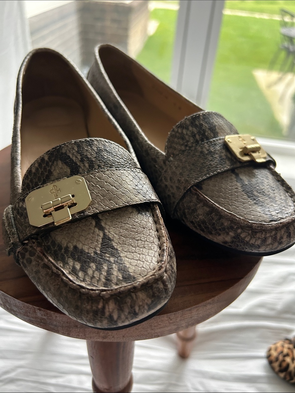 Cole haan 9 Snake-Embossed Leather Loafers in Taupe with Gold Buckle
